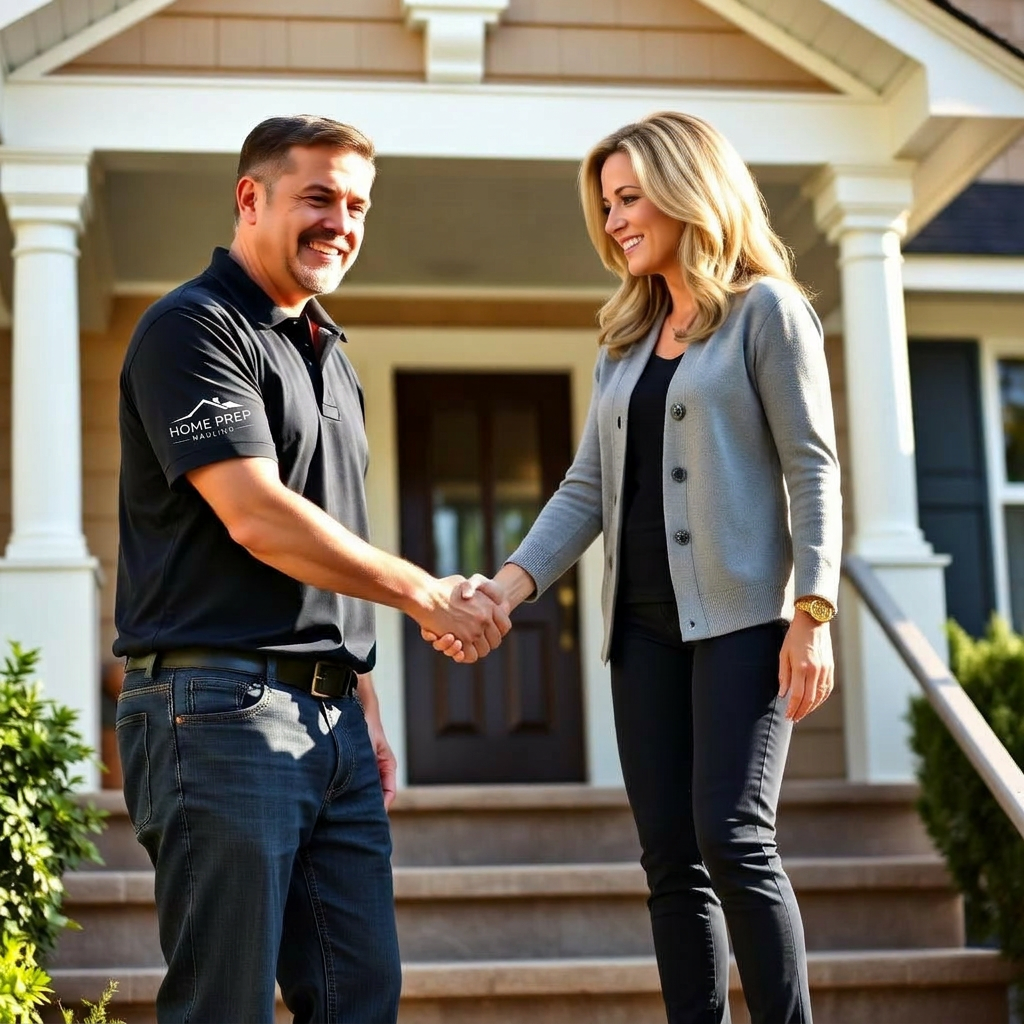 Home Prep Hauling team member greeting a homeowner on her front steps