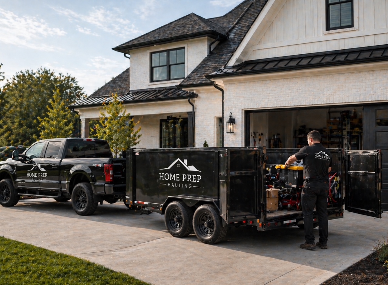 Home Prep Hauling truck and trailer parked at a home being loaded