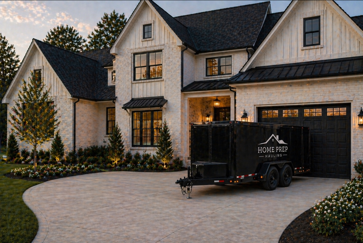 Home Prep Hauling trailer parked in a residential driveway